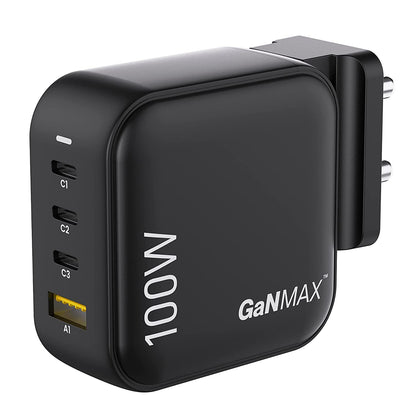 Ambrane 100W GaN Charger: Fast Charging Adapter with 4 Ports (3 USB-C + 1 USB-A), PD Support, iPhone 0–50% in Minutes, Compatible with All iPhones, Android Phones, Laptops & MacBooks (charge100 Black)