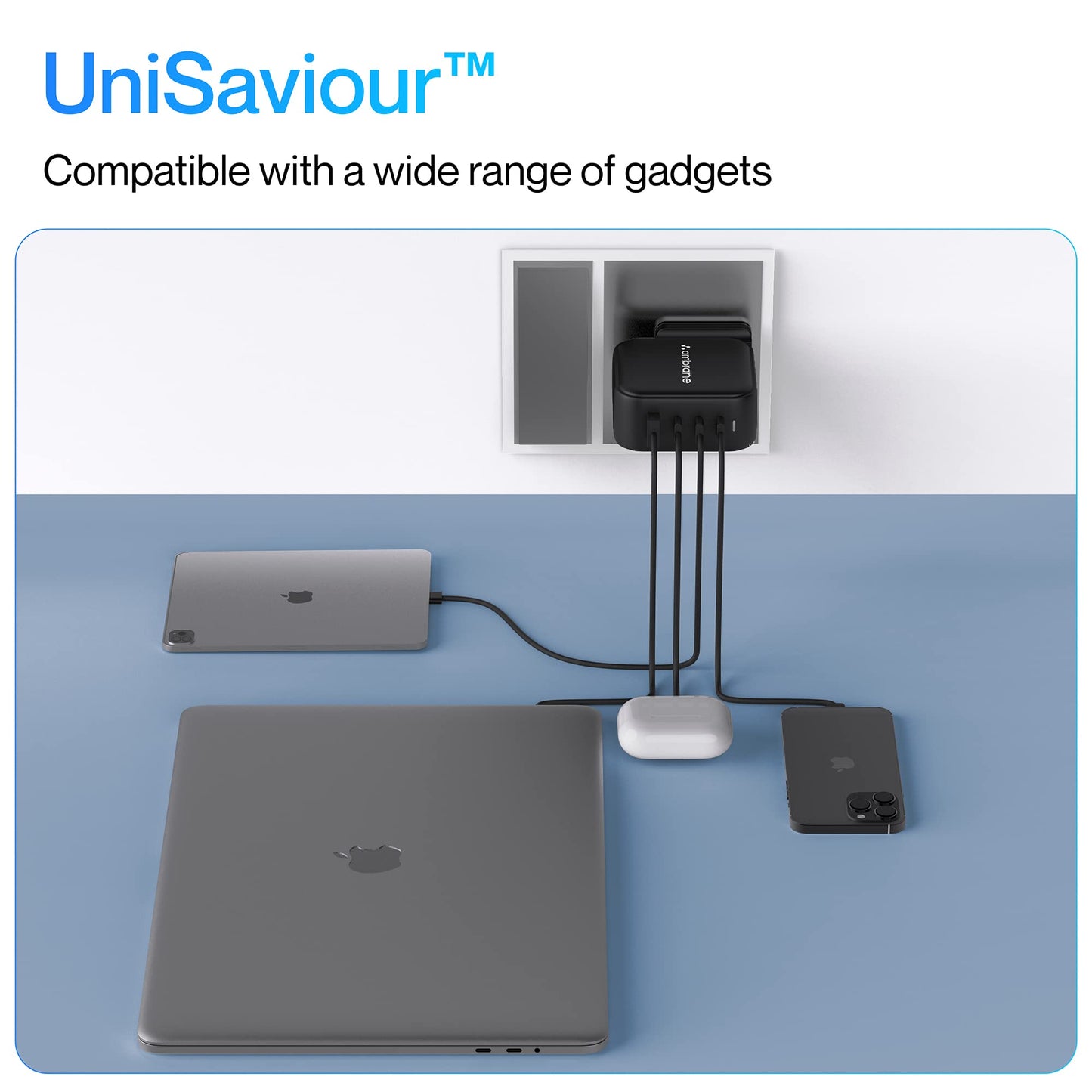 Ambrane 100W GaN Charger: Fast Charging Adapter with 4 Ports (3 USB-C + 1 USB-A), PD Support, iPhone 0–50% in Minutes, Compatible with All iPhones, Android Phones, Laptops & MacBooks (charge100 Black)