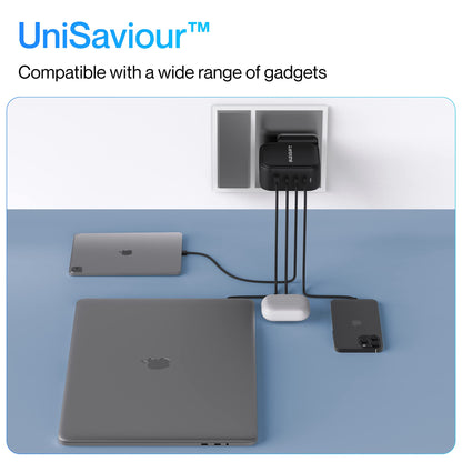 Ambrane 100W GaN Charger: Fast Charging Adapter with 4 Ports (3 USB-C + 1 USB-A), PD Support, iPhone 0–50% in Minutes, Compatible with All iPhones, Android Phones, Laptops & MacBooks (charge100 Black)