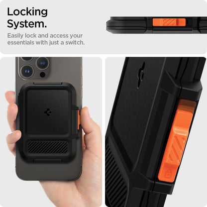 Spigen Lock Fit (Magfit) Magnetic Card Holder up to 6 Cards, Unisex Hardshell Magsafe & Pixelsnap Wallet Case Compatible with iPhone 17/16/15/14/13/12 Models, Pixel 10 Series - Black