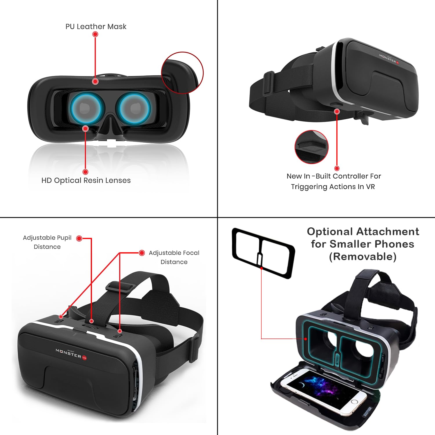 Irusu Monster VR Headset for Mobiles - Virtual Reality Glasses with 40 MM HD Lens,Built in Touch Button and Controller for Learning | Gaming | Watching Movies | Virtual Experiences