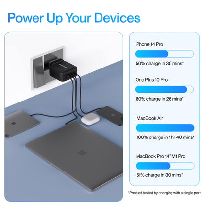 Ambrane 100W GaN Charger: Fast Charging Adapter with 4 Ports (3 USB-C + 1 USB-A), PD Support, iPhone 0–50% in Minutes, Compatible with All iPhones, Android Phones, Laptops & MacBooks (charge100 Black)