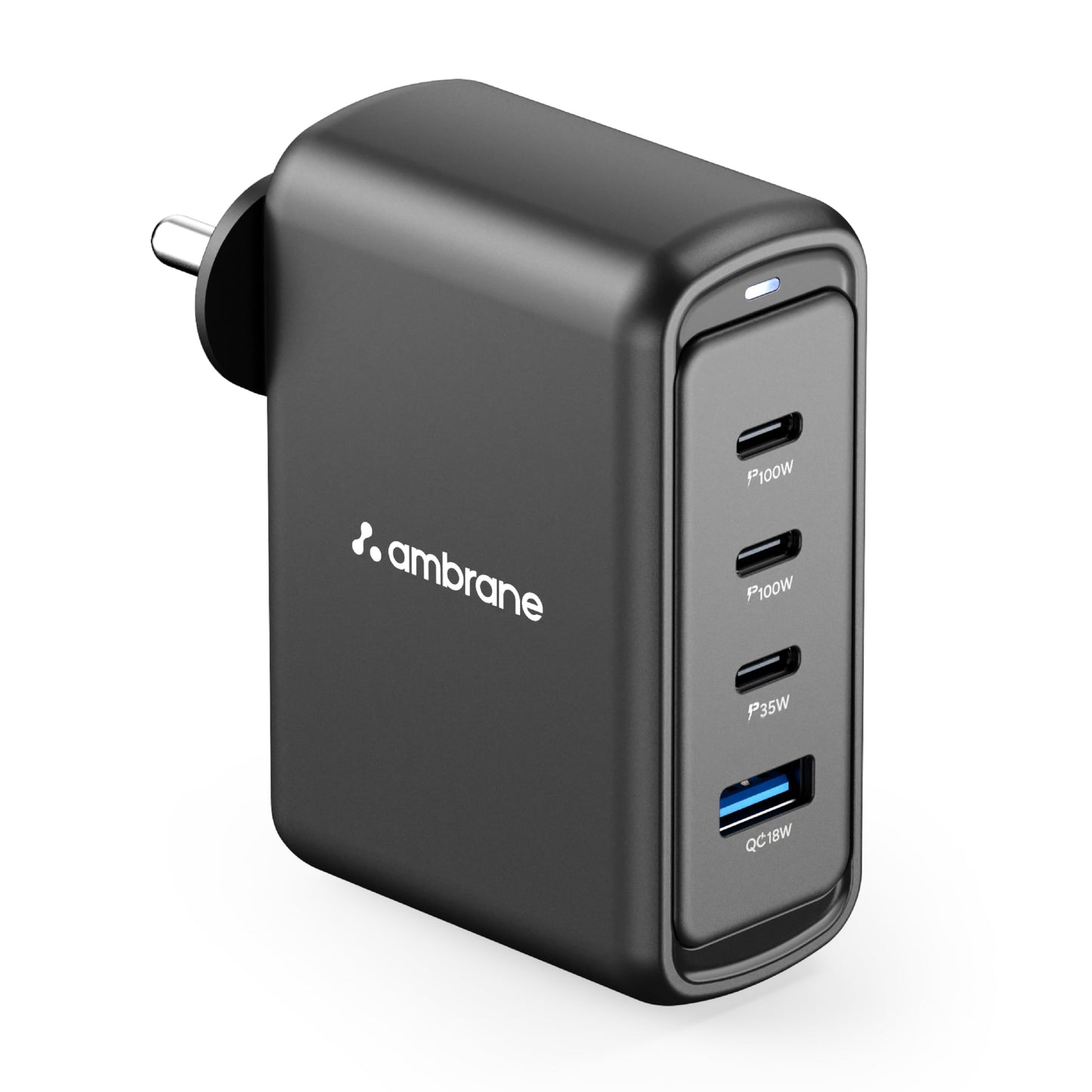Ambrane 100W GaN Charger: Fast Charging Adapter with 4 Ports (3 USB-C + 1 USB-A), PD Support, iPhone 0–50% in Minutes, Compatible with All iPhones, Android Phones, Laptops & MacBooks (charge100 Black)