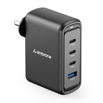 Ambrane 100W GaN Charger: Fast Charging Adapter with 4 Ports (3 USB-C + 1 USB-A), PD Support, iPhone 0–50% in Minutes, Compatible with All iPhones, Android Phones, Laptops & MacBooks (charge100 Black)