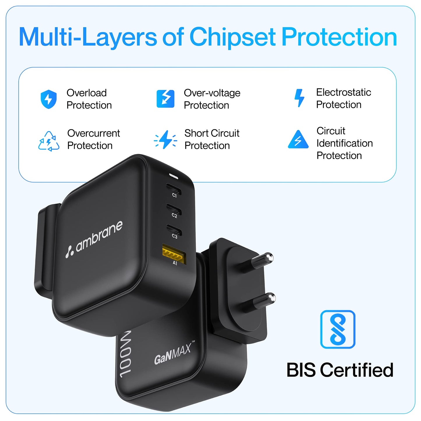 Ambrane 100W GaN Charger: Fast Charging Adapter with 4 Ports (3 USB-C + 1 USB-A), PD Support, iPhone 0–50% in Minutes, Compatible with All iPhones, Android Phones, Laptops & MacBooks (charge100 Black)