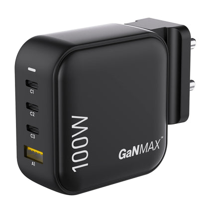 Ambrane 100W GaN Charger: Fast Charging Adapter with 4 Ports (3 USB-C + 1 USB-A), PD Support, iPhone 0–50% in Minutes, Compatible with All iPhones, Android Phones, Laptops & MacBooks (charge100 Black)