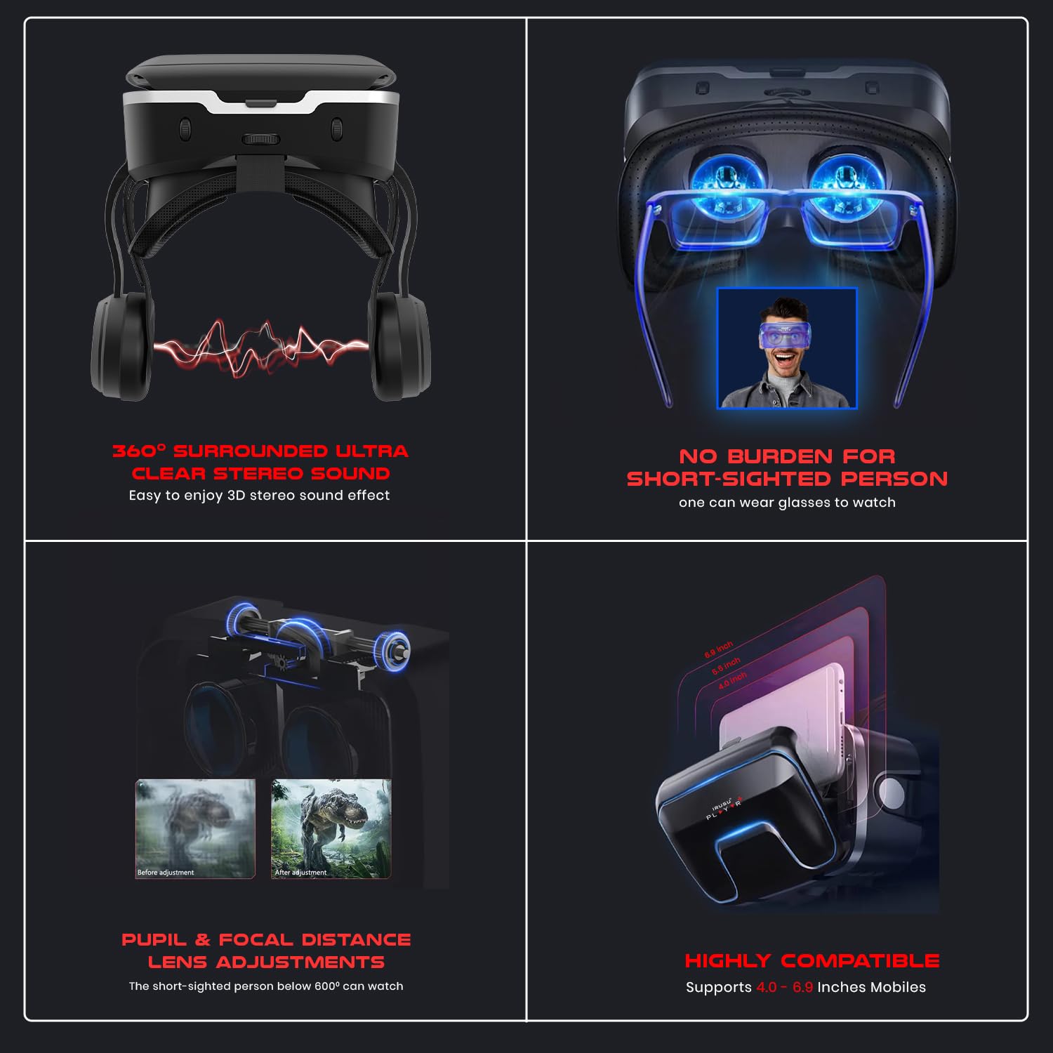 Irusu Play VR Ultra VR Headset -(1year Warranty) 3D Virtual Reality Glasses with Anti Blueray Resin 40mm HD Lens,Headphones, inbuilt Touch Button for Learning | Gaming | Watching Videos.