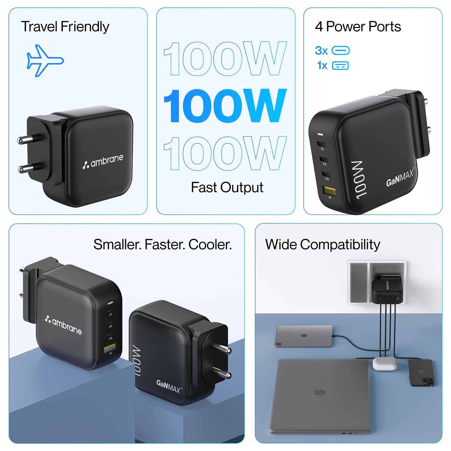 Ambrane 100W GaN Charger: Fast Charging Adapter with 4 Ports (3 USB-C + 1 USB-A), PD Support, iPhone 0–50% in Minutes, Compatible with All iPhones, Android Phones, Laptops & MacBooks (charge100 Black)