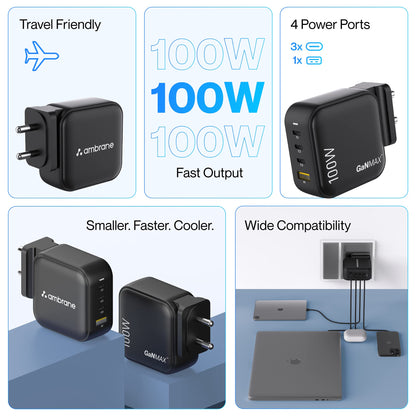 Ambrane 100W GaN Charger: Fast Charging Adapter with 4 Ports (3 USB-C + 1 USB-A), PD Support, iPhone 0–50% in Minutes, Compatible with All iPhones, Android Phones, Laptops & MacBooks (charge100 Black)