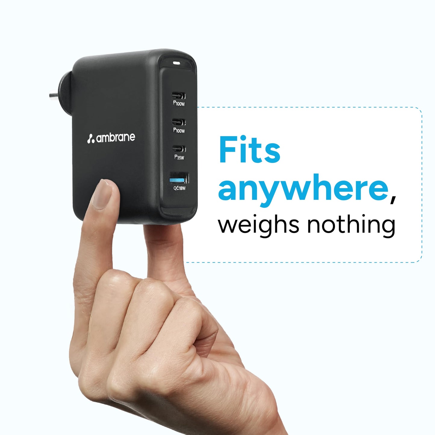 Ambrane 100W GaN Charger: Fast Charging Adapter with 4 Ports (3 USB-C + 1 USB-A), PD Support, iPhone 0–50% in Minutes, Compatible with All iPhones, Android Phones, Laptops & MacBooks (charge100 Black)