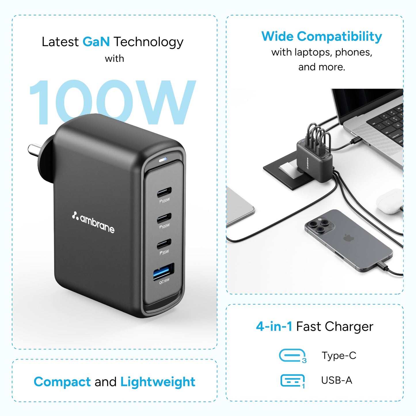 Ambrane 100W GaN Charger: Fast Charging Adapter with 4 Ports (3 USB-C + 1 USB-A), PD Support, iPhone 0–50% in Minutes, Compatible with All iPhones, Android Phones, Laptops & MacBooks (charge100 Black)