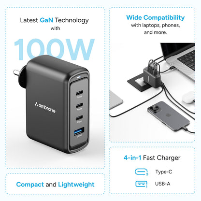 Ambrane 100W GaN Charger: Fast Charging Adapter with 4 Ports (3 USB-C + 1 USB-A), PD Support, iPhone 0–50% in Minutes, Compatible with All iPhones, Android Phones, Laptops & MacBooks (charge100 Black)