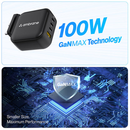 Ambrane 100W GaN Charger: Fast Charging Adapter with 4 Ports (3 USB-C + 1 USB-A), PD Support, iPhone 0–50% in Minutes, Compatible with All iPhones, Android Phones, Laptops & MacBooks (charge100 Black)